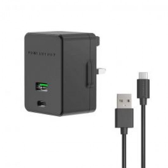 Powerology Dual Port Ultra-Quick PD Charger 36W with Type-C Cable 1.2m - Black Powerology Dual Port Ultra-Quick PD Charger 36W with Type-C Cable 1.2m - Black