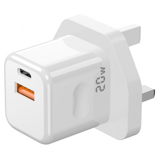 Porado Blue 20W Wall Charger 1*PD Type-C and 1* QC Type-A UK - White Porado Blue 20W Wall Charger 1*PD Type-C and 1* QC Type-A UK - White