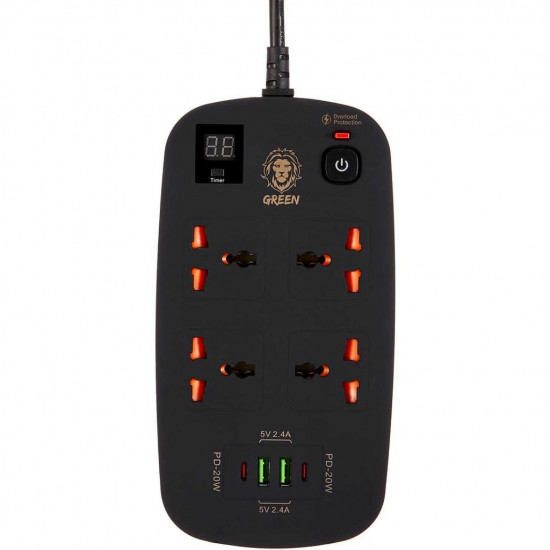 Green Lion 4 AC 2 USB & 2 USB-C PD 40W Multiport Smart Power Socket 3500W 3M - Black