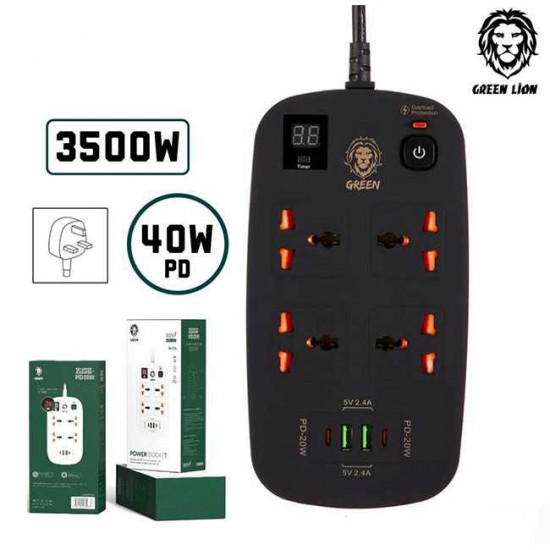 Green Lion 4 AC 2 USB & 2 USB-C PD 40W Multiport Smart Power Socket 3500W 3M - Black