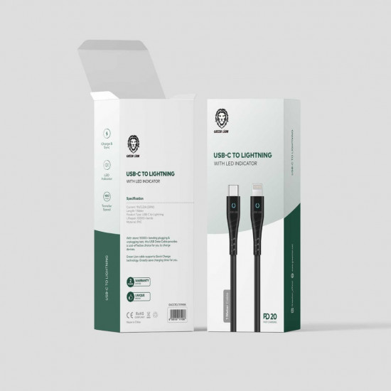 Green Lion PVC USB-C to Lightning Cable with LED Indicator 1M PD 20W - Black Green Lion PVC USB-C to Lightning Cable with LED Indicator 1M PD 20W - Black