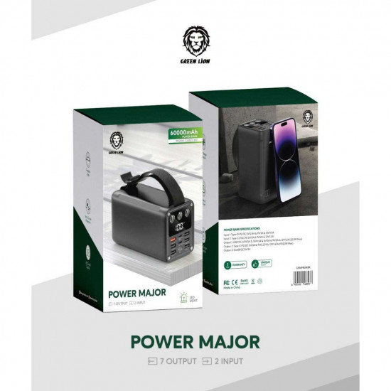 Green Lion Power Major Power Bank 60000mAh PD 20W USB 22.5W - Black Green Lion Power Major Power Bank 60000mAh PD 20W USB 22.5W - Black