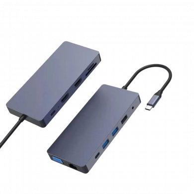 12-in-1 Type-C Hub (USB 3.0, USB 2.0*2, SD/TF, PD, RJ45, HDMI2, Audio, VGA) 12-in-1 Type-C Hub (USB 3.0, USB 2.0*2, SD/TF, PD, RJ45, HDMI2, Audio, VGA)