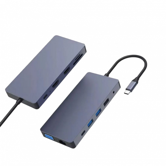 12-in-1 Type-C Hub (USB 3.0, USB 2.0*2, SD/TF, PD, RJ45, HDMI2, Audio, VGA) 12-in-1 Type-C Hub (USB 3.0, USB 2.0*2, SD/TF, PD, RJ45, HDMI2, Audio, VGA)