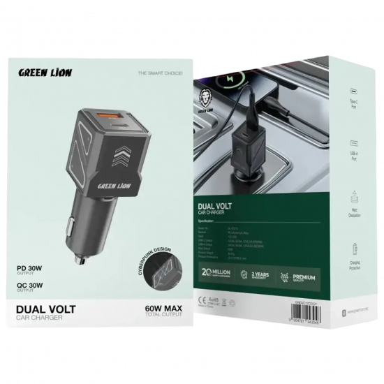 Green Lion Dual Volt Car Charger PD+QC 60W C to C 1m Cable - Gray Green Lion Dual Volt Car Charger PD+QC 60W C to C 1m Cable - Gray
