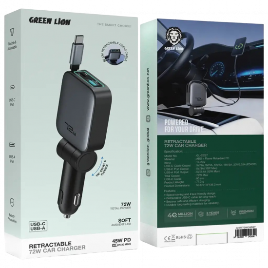 Green Lion Retractable 72W Car Charger PD 45W - Black Green Lion Retractable 72W Car Charger PD 45W - Black