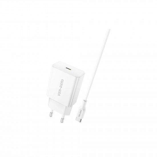 Ven-Dens 20W USB-C Fast Charging EU Travel Charger with Cable - White Ven-Dens 20W USB-C Fast Charging EU Travel Charger with Cable - White