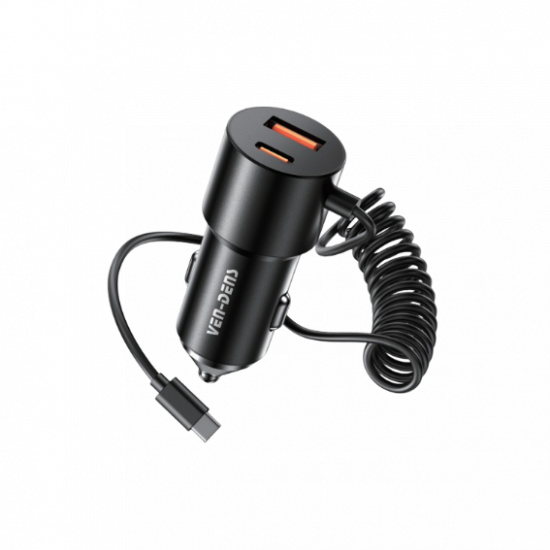 Ven-Dens 60W Dual-Port Car Charger (USB-C + USB-A) with Cable - Black