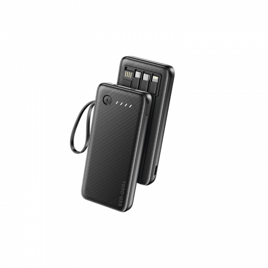 Ven-Dens 10000mAh Power Bank with LED Light & Built-in Cables - Black