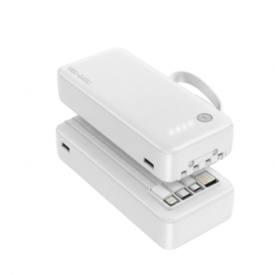 Ven-Dens 20000mAh Power Bank with LED Light & Built-in Cables - White Ven-Dens 20000mAh Power Bank with LED Light & Built-in Cables - White