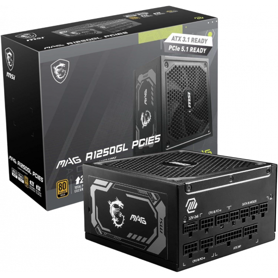 MSI MAG A1250GL PCIE5 - 1250w - 80 Plus Gold - Modular - PSU MSI MAG A1250GL PCIE5 - 1250w - 80 Plus Gold - Modular - PSU