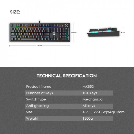 Fantech MK853 Wired Mechanical Keyboard - Black - Blue Switch Fantech MK853 Wired Mechanical Keyboard - Black - Blue Switch