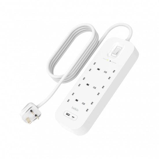 Belkin 6 Outlets 2M Surge Protection Strip with 2 USB Ports (TypeC+A) Belkin 6 Outlets 2M Surge Protection Strip with 2 USB Ports (TypeC+A)