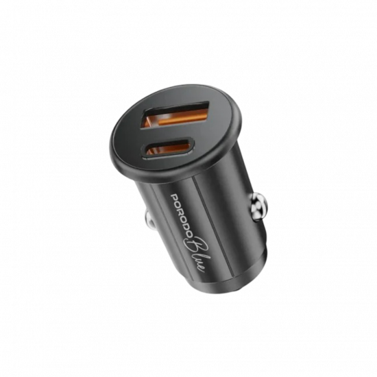 Porodo Blue 30W USB-A+C Port Car Charger with C to C .9m Cable - Black Porodo Blue 30W USB-A+C Port Car Charger with C to C .9m Cable - Black