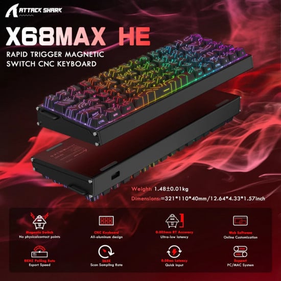 Attack Shark X68Max CNC Wired RGB Mechanical Keyboard - Magnetic Switch - Black Contours Attack Shark X68Max CNC Wired RGB Mechanical Keyboard - Magnetic Switch - Black Contours