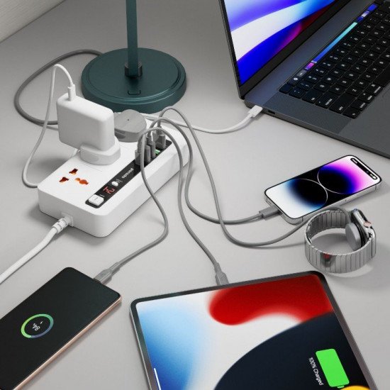 Porodo 4 AC Power Socket with USB A x2 USB C x4 UK 3M Wire - White Porodo 4 AC Power Socket with USB A x2 USB C x4 UK 3M Wire - White