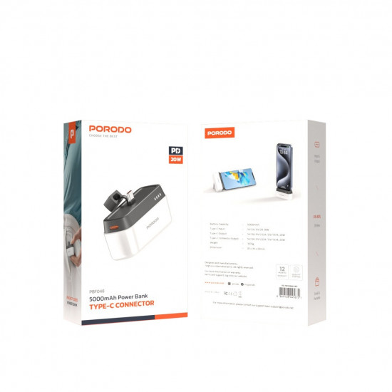Porodo 5000mAh Power Bank with Type-C Connector - White