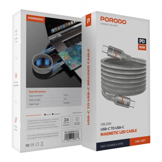 Porodo 60W Type-C to Type-C Braided Cable 1.2M - Grey Porodo 60W Type-C to Type-C Braided Cable 1.2M - Grey