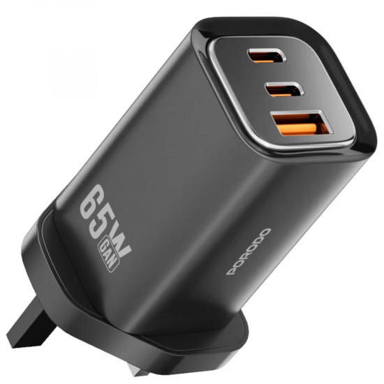 Porodo PD 65W GaN UK 3 Ports Fast Charger - Black Porodo PD 65W GaN UK 3 Ports Fast Charger - Black