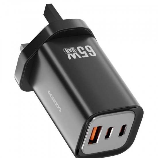 Porodo PD 65W GaN UK 3 Ports Fast Charger - Black Porodo PD 65W GaN UK 3 Ports Fast Charger - Black
